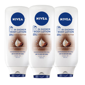 NIVEA front packaging showing cocoa butter in-shower lotion for easy hydration