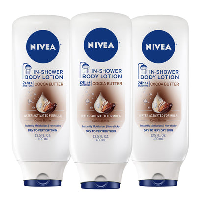 NIVEA front packaging showing cocoa butter in-shower lotion for easy hydration