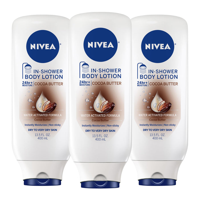 NIVEA front packaging showing cocoa butter in-shower lotion for easy hydration