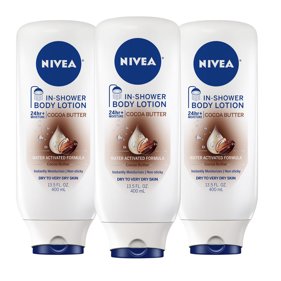 NIVEA front packaging showing cocoa butter in-shower lotion for easy hydration