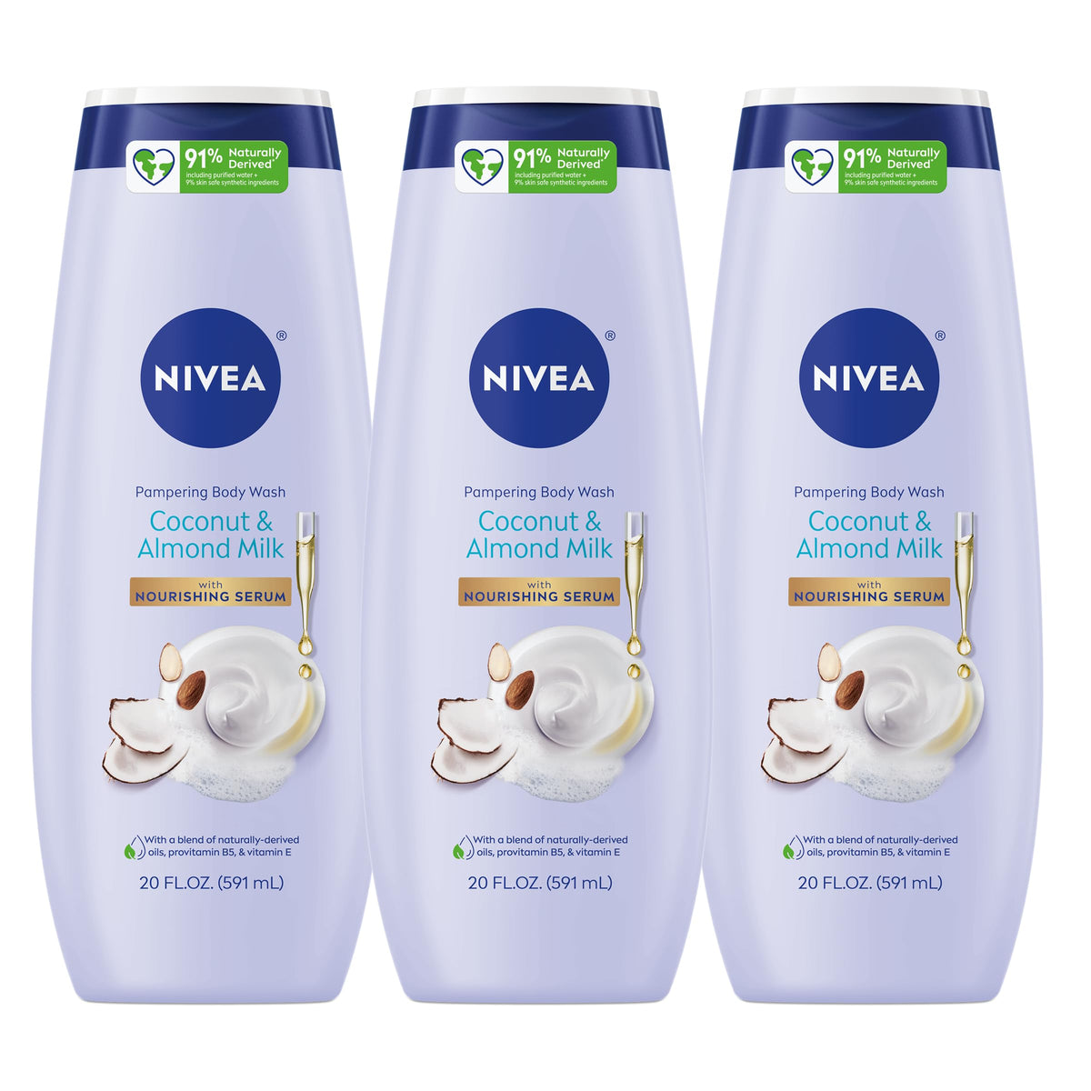 NIVEA front bottle showing coconut almond milk scent and nourishing serum benefit