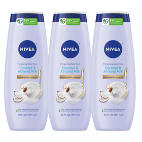 NIVEA front bottle showing coconut almond milk scent and nourishing serum benefit