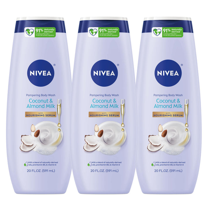 NIVEA front bottle showing coconut almond milk scent and nourishing serum benefit