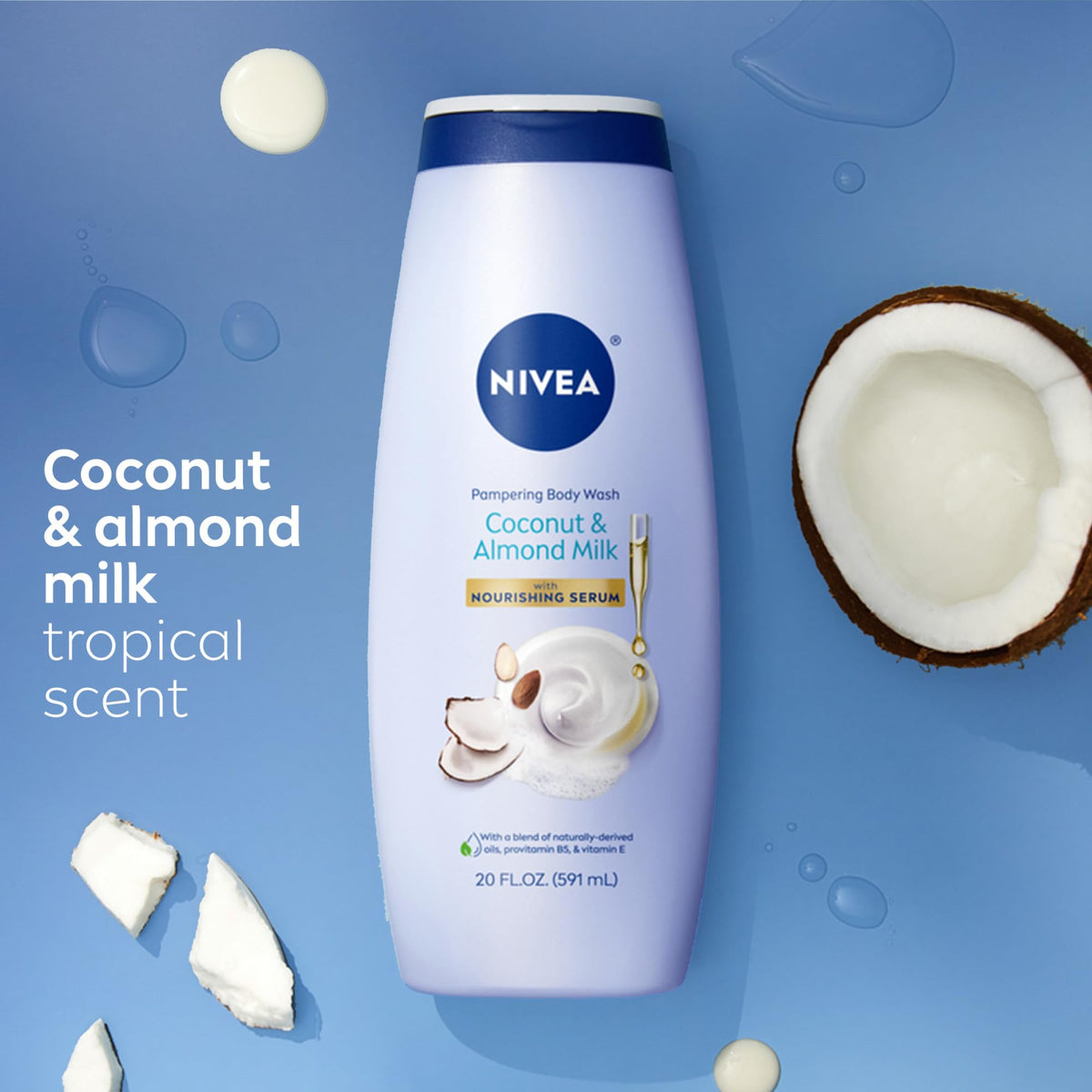 NIVEA body wash next to coconut lotion to show complementary moisturizing routine