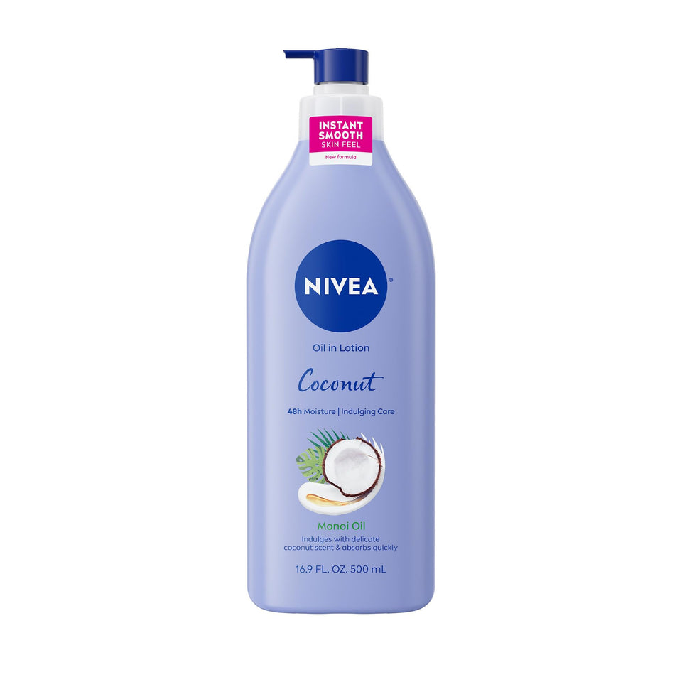 NIVEA front pump bottle showing coconut scent and easy dispensing benefit
