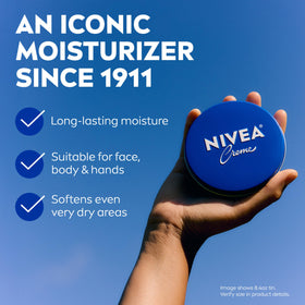 NIVEA creme open tin reveals thick texture offering long-lasting moisture