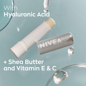 NIVEA application on lips showing instant dewy finish benefit