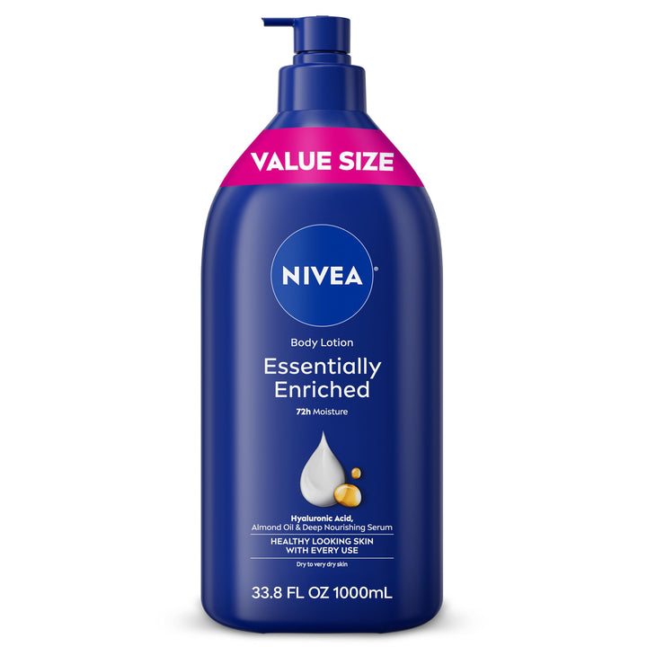 NIVEA front pump bottle showing product and ease of use