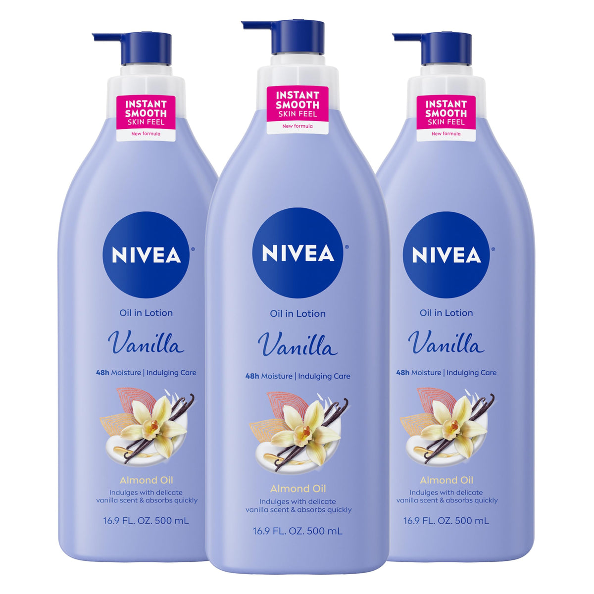 NIVEA pump bottle front view showing vanilla almond scent and easy dispensing benefit