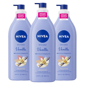 NIVEA pump bottle front view showing vanilla almond scent and easy dispensing benefit