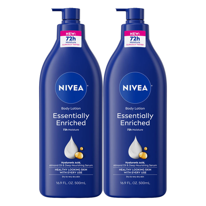 NIVEA front view pump bottle showing label and easy dispensing benefit