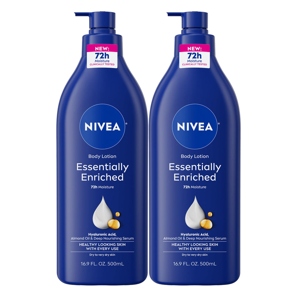 NIVEA front view pump bottle showing label and easy dispensing benefit