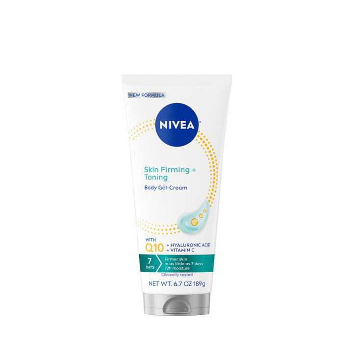 NIVEA tube front view showing product benefits and firming claim