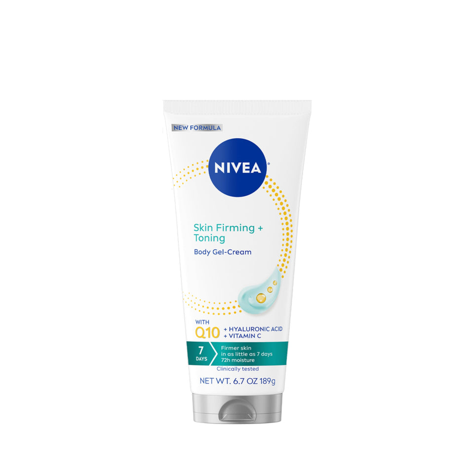 NIVEA tube front view showing product benefits and firming claim
