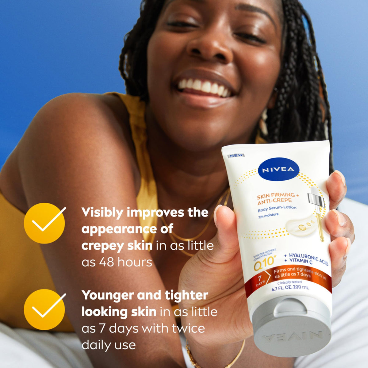 NIVEA ingredient visual with Q10 hyaluronic acid and vitamin C showing targeted benefits
