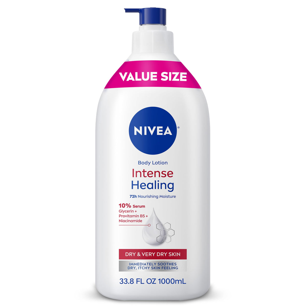 NIVEA pump bottle front view showing value size and easy dispensing