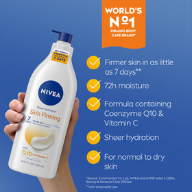 NIVEA label close-up highlighting Q10 and Vitamin C for visible firming benefit