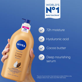 NIVEA lotion texture close-up shows creamy formula for deep hydration