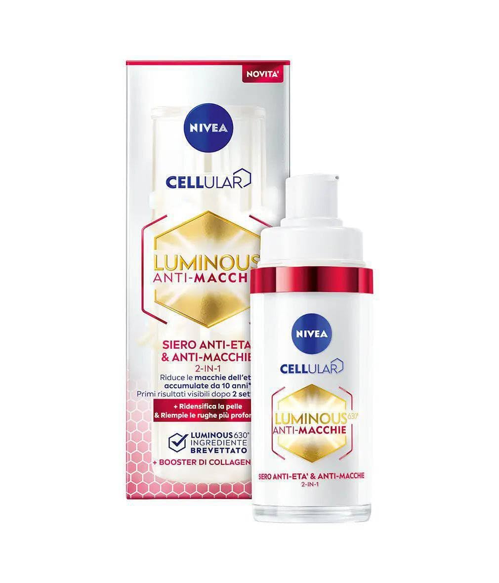Person applying NIVEA Cellular Luminous630 serum to cheek, demonstrating layering under moisturizer for brighter skin