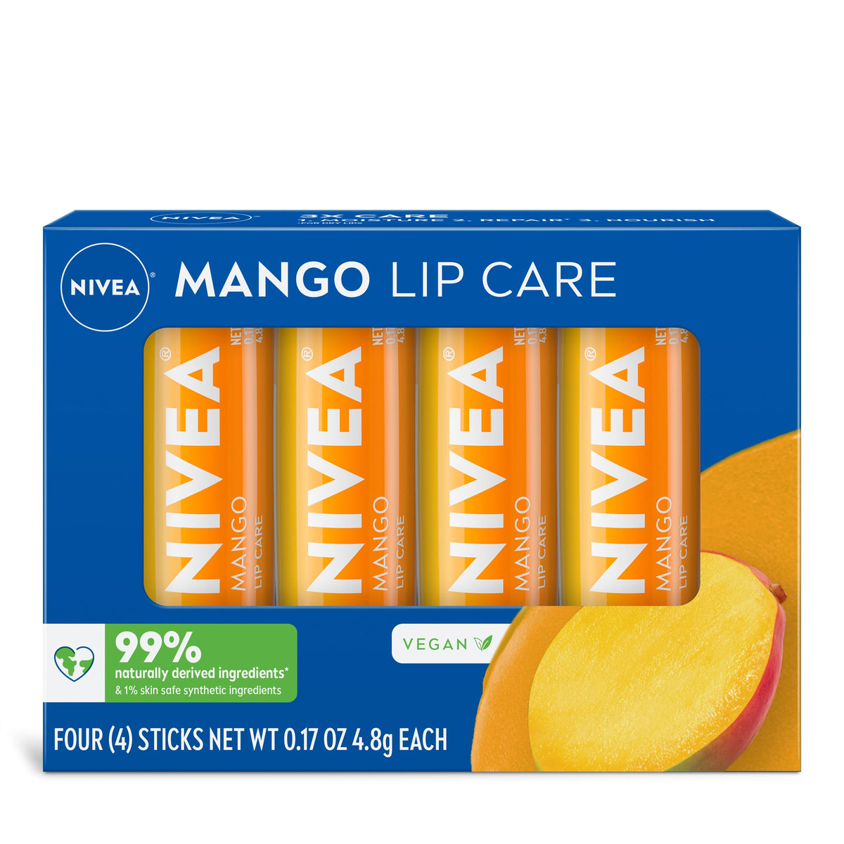 NIVEA mango front packaging showing four lip balm sticks and benefits