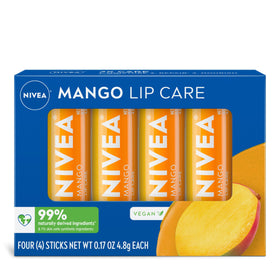 NIVEA mango front packaging showing four lip balm sticks and benefits
