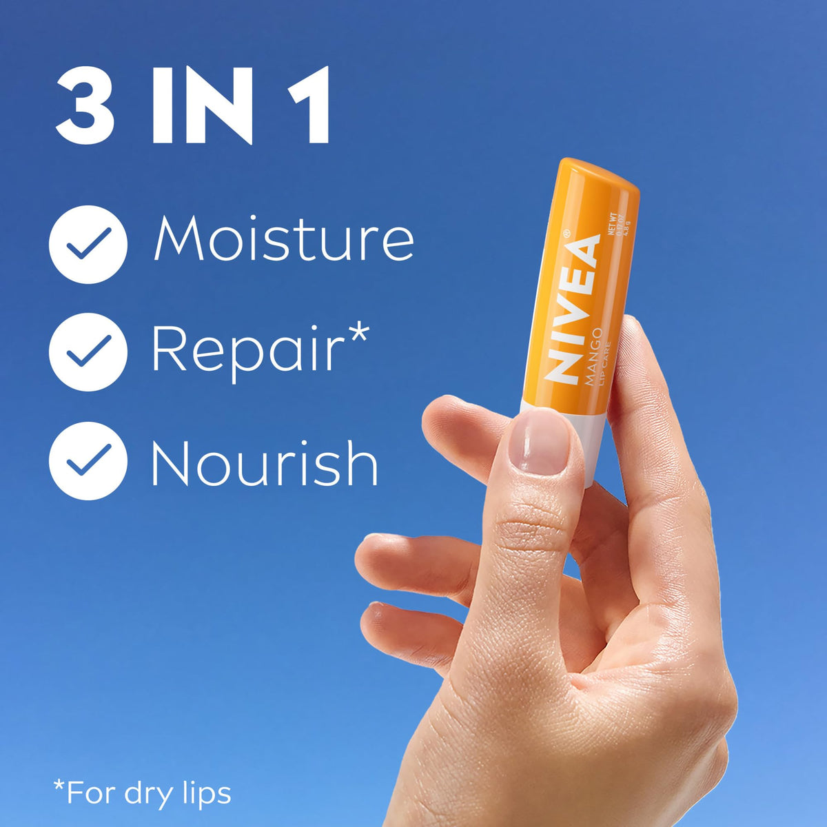 NIVEA mango lip balm stick close-up showing smooth balm surface and hydration