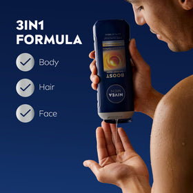 NIVEA MEN back label highlighting ingredients and sustainability benefit