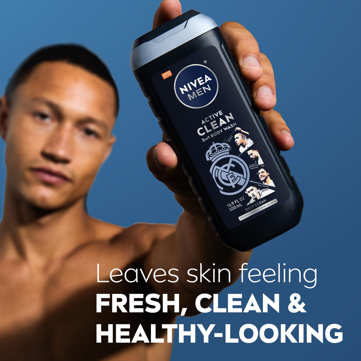 NIVEA MEN bottle label detail with Real Madrid logo highlighting collectible design