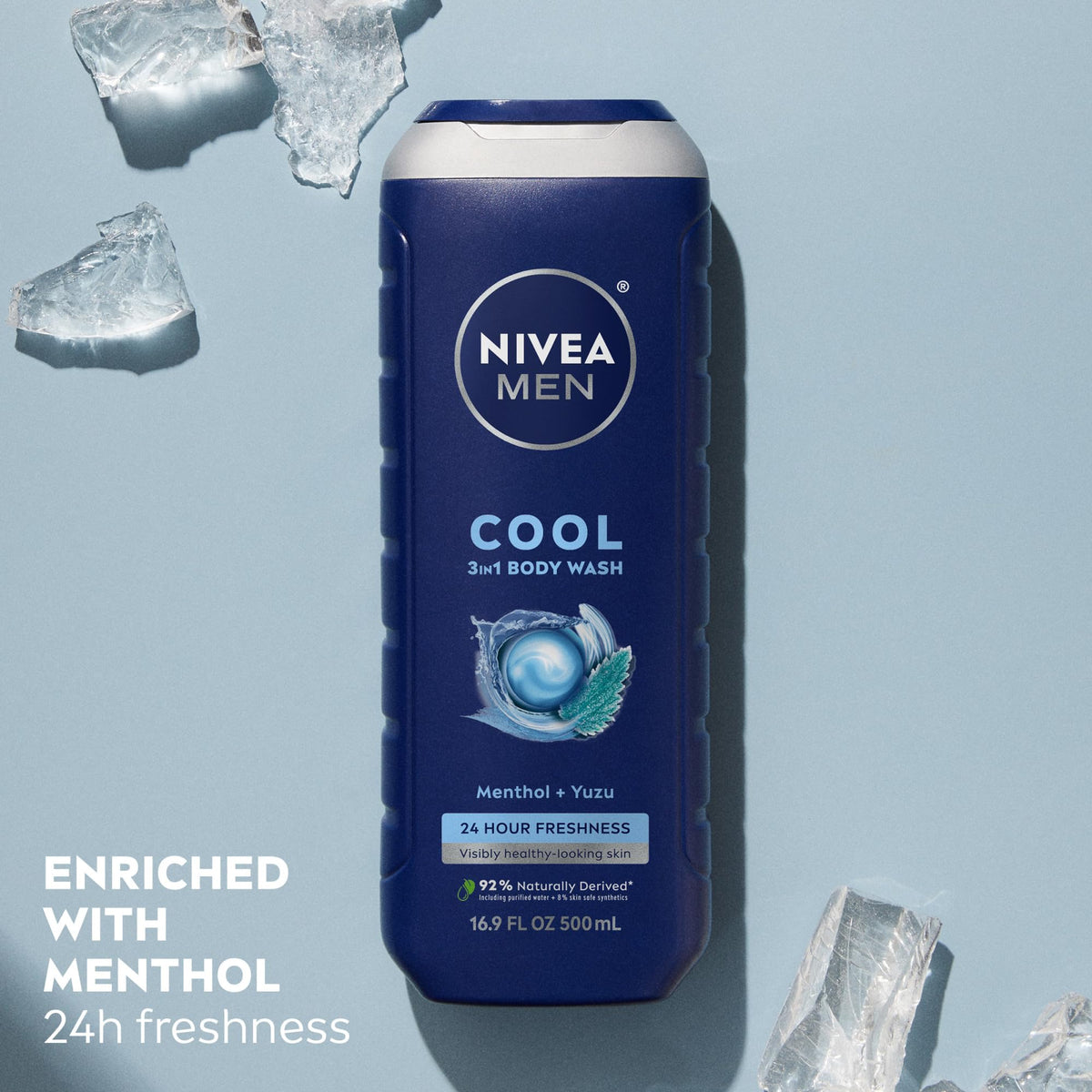 NIVEA MEN bottle showing recycled-plastic material and sustainability