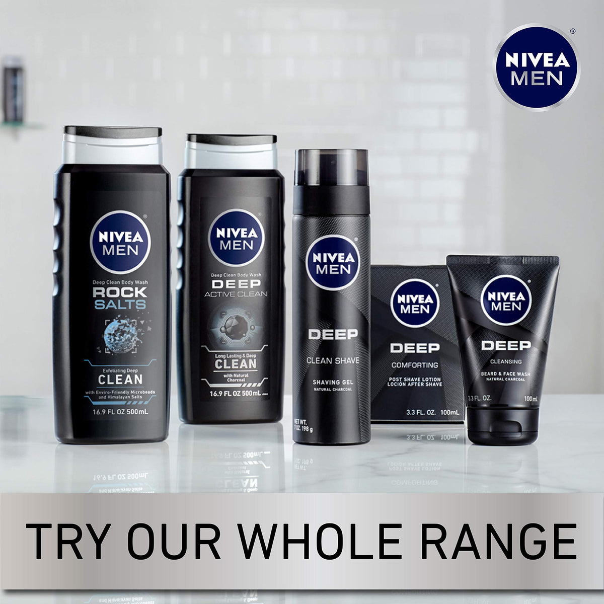 NIVEA MEN tubes on bathroom shelf suggesting daily grooming routine