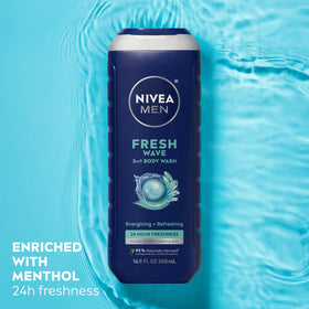 NIVEA MEN pump dispensing gel showing easy lather and quick cleansing