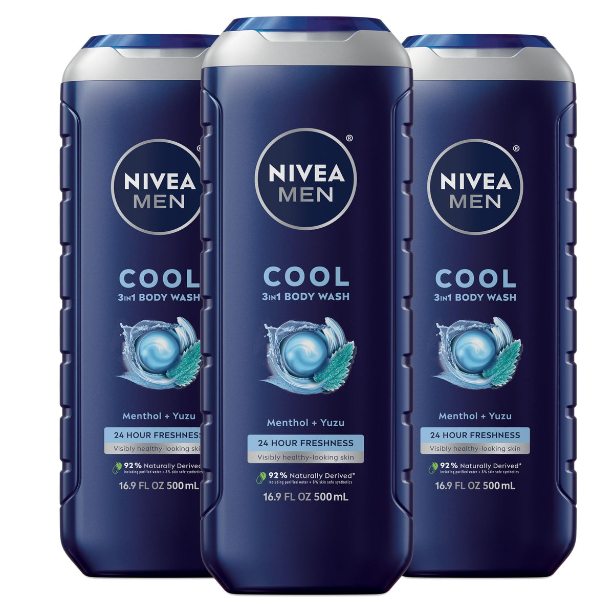 NIVEA MEN front packaging showing cool body wash and benefits