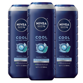 NIVEA MEN front packaging showing cool body wash and benefits