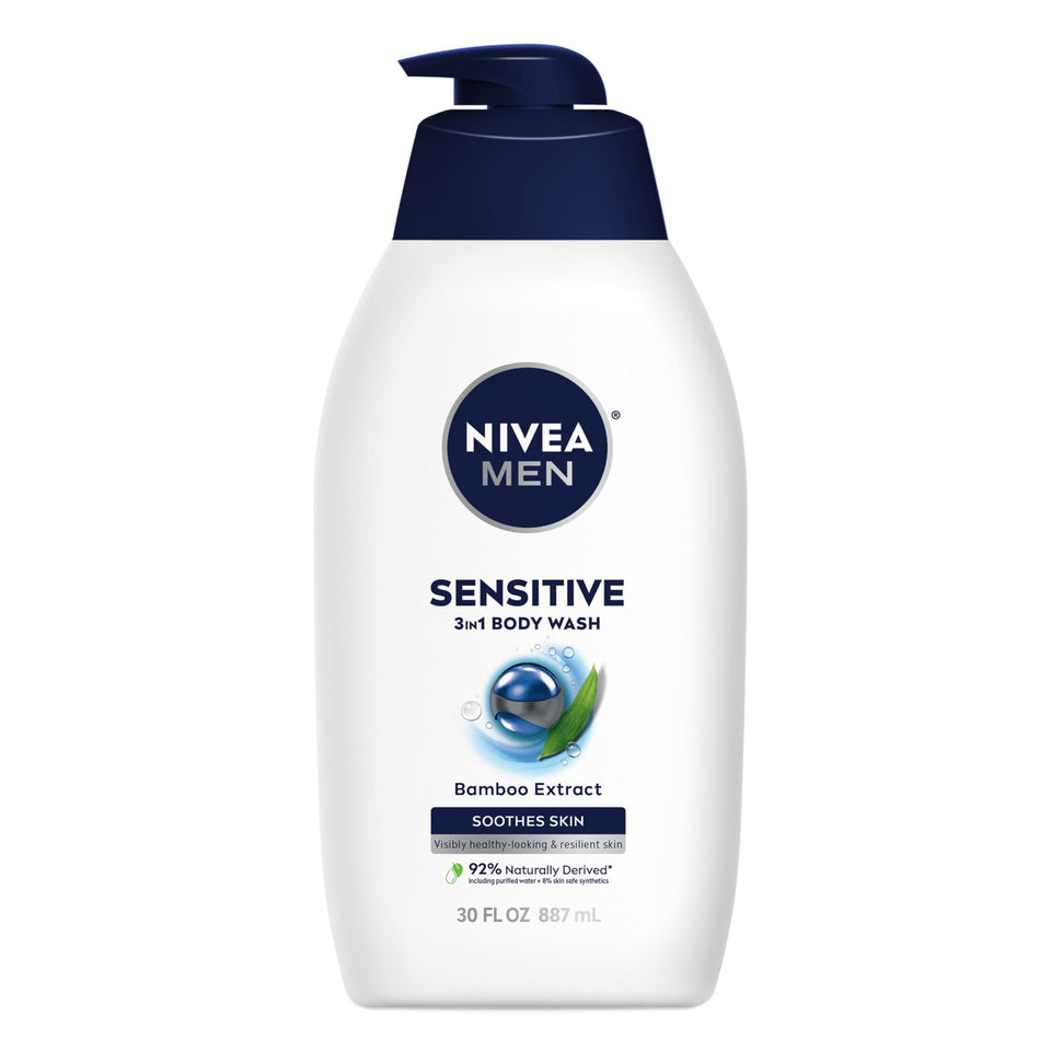 NIVEA MEN front packaging showing bottle and product name, clear benefit of gentle cleansing