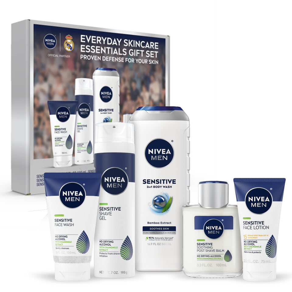 NIVEA MEN sensitive set front packaging showing complete routine and convenience