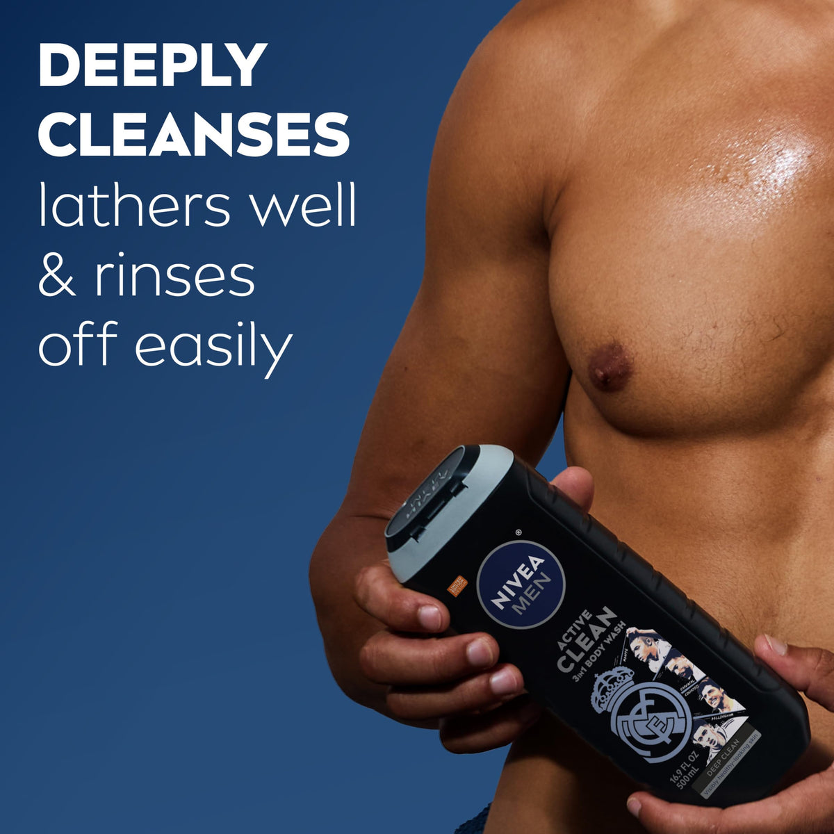 NIVEA MEN in-shower lifestyle image showing quick, efficient cleansing routine