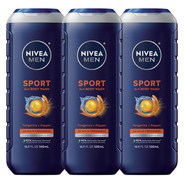 NIVEA MEN front bottle showing tangerine and pepper scent benefits