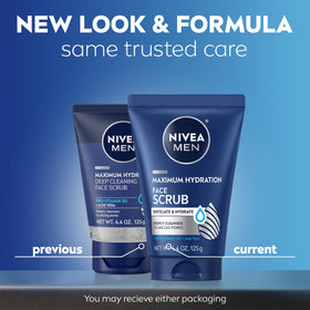 NIVEA MEN tube cap open with visible creamy scrub texture showing moisturizing formula
