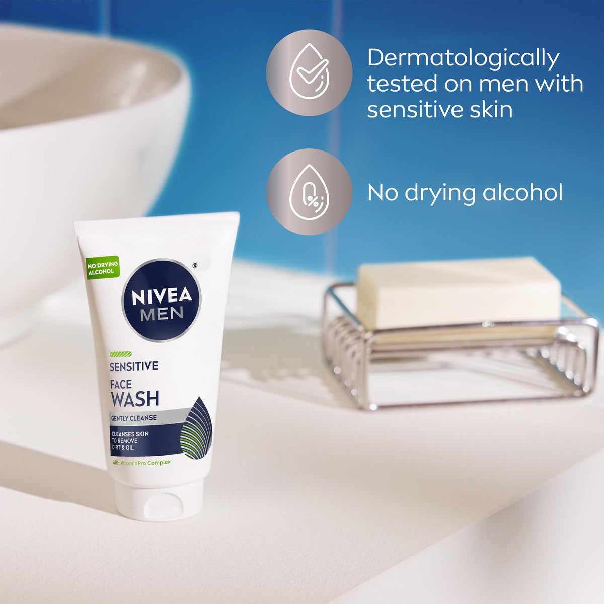 NIVEA MEN tube staged with razor and brush showing post-shave compatibility