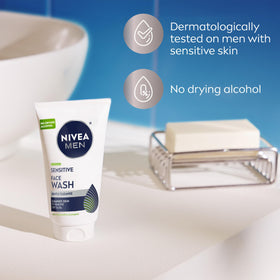 NIVEA MEN tube staged with razor and brush showing post-shave compatibility