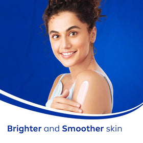NIVEA bottle on bathroom shelf in lifestyle setting conveying daily routine use