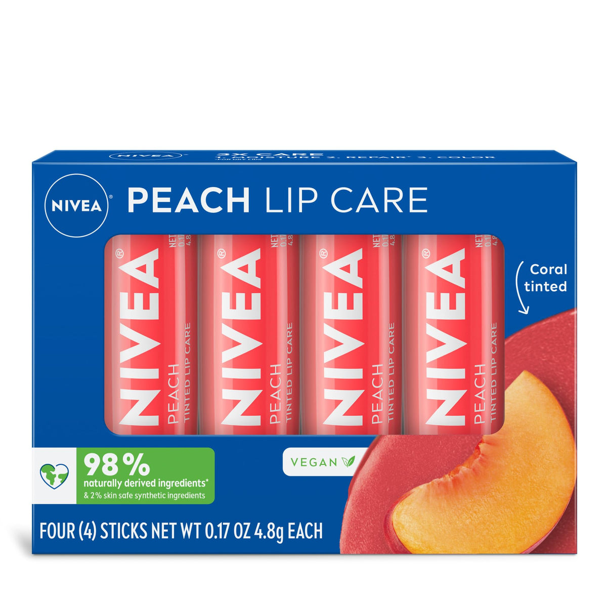 NIVEA front packaging showing peach tinted balm and product benefits
