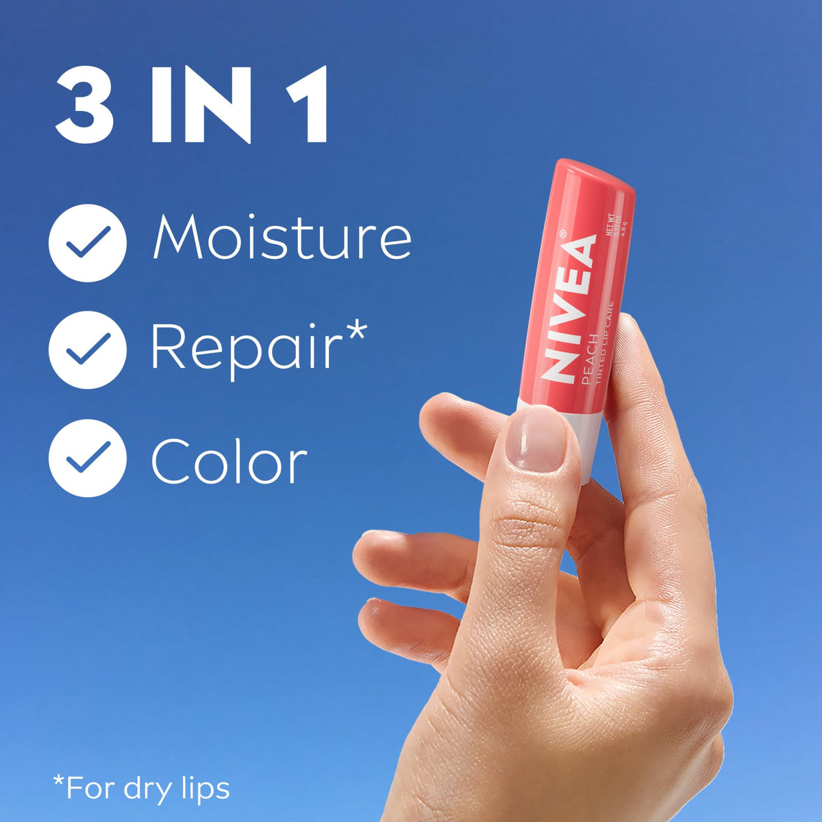 NIVEA texture swatch on hand showing hydration and subtle coral color