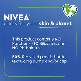 NIVEA pump detail highlighting recycled-bottle construction and easy dispensing