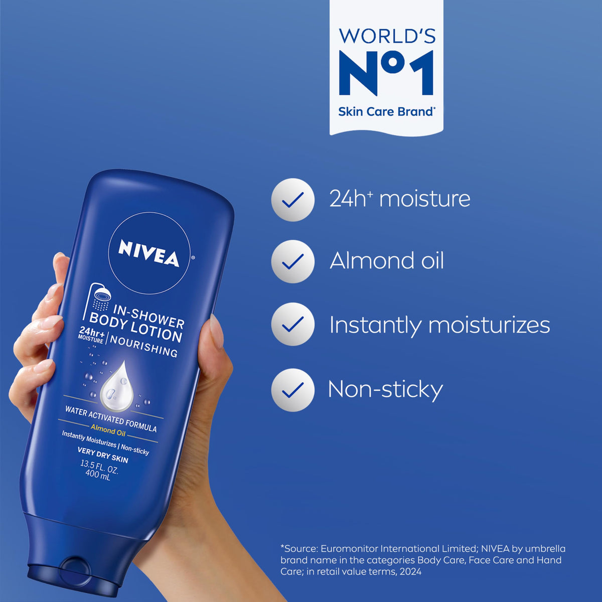 NIVEA lotion pumped onto wet hand demonstrating easy dispense and control