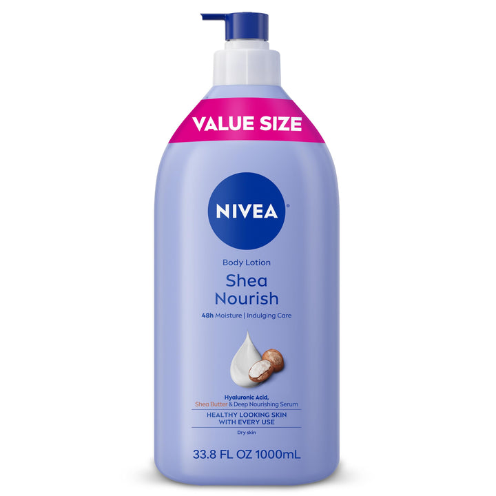 NIVEA front pump bottle showing label and size for easy dispensing