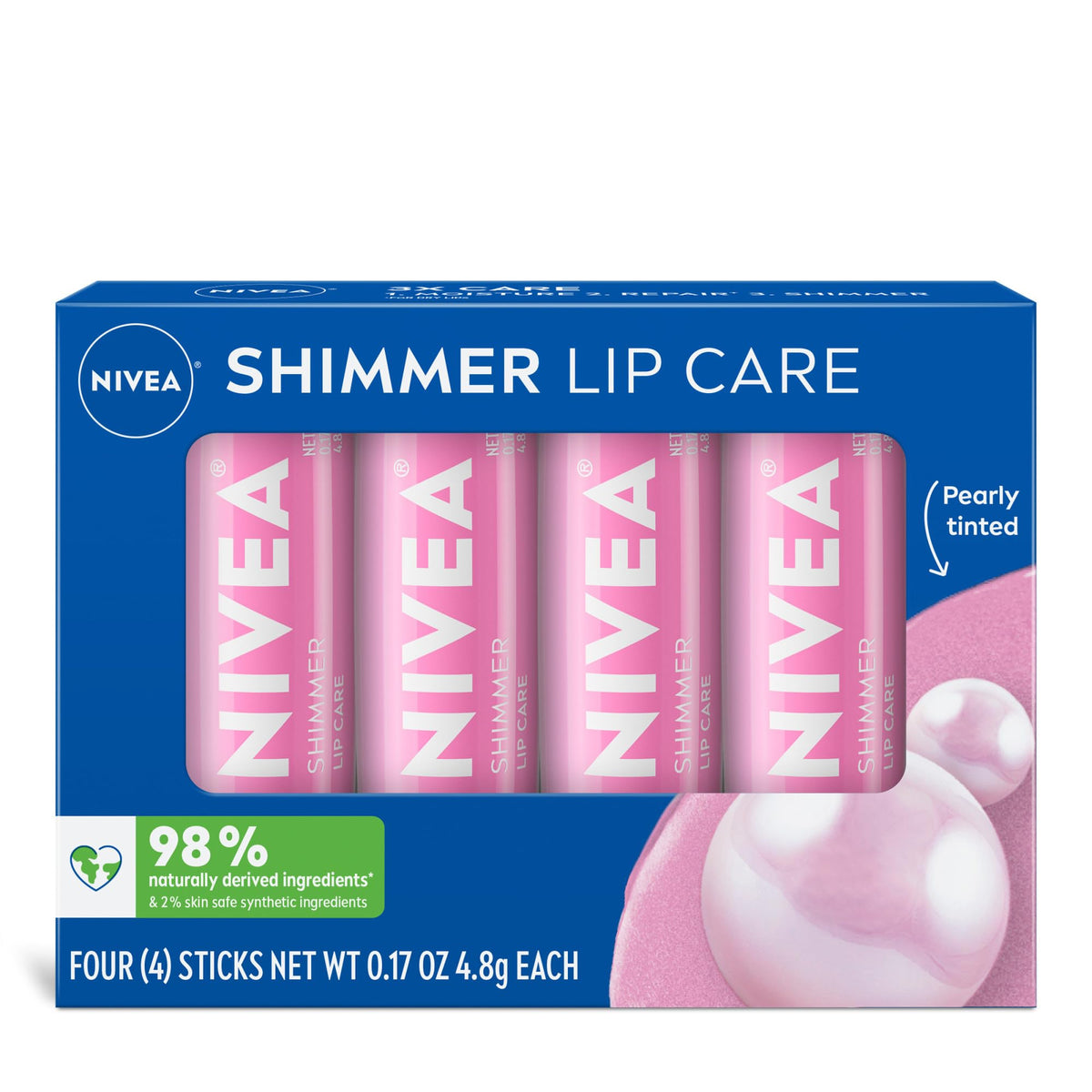 NIVEA front packaging showing four shimmer lip balm sticks and value benefit