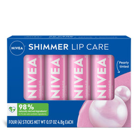 NIVEA front packaging showing four shimmer lip balm sticks and value benefit