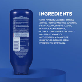 NIVEA bottle beside towel showing 13.5 fl oz scale and long-lasting supply benefit