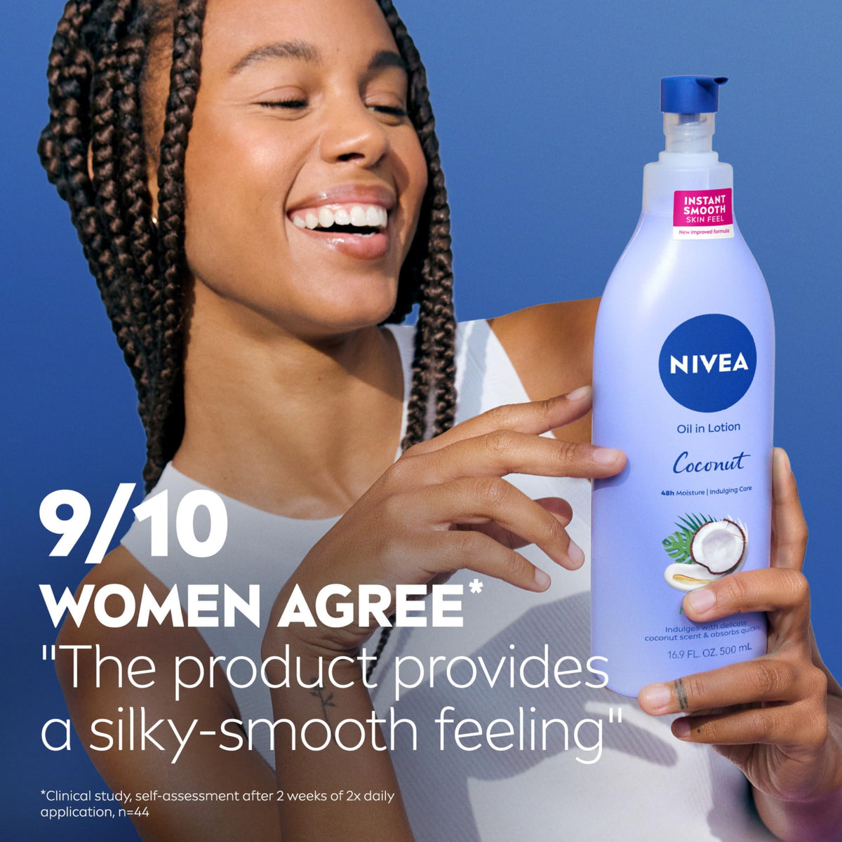 NIVEA bottle in hand size comparison showing travel-friendly 16.9oz convenience